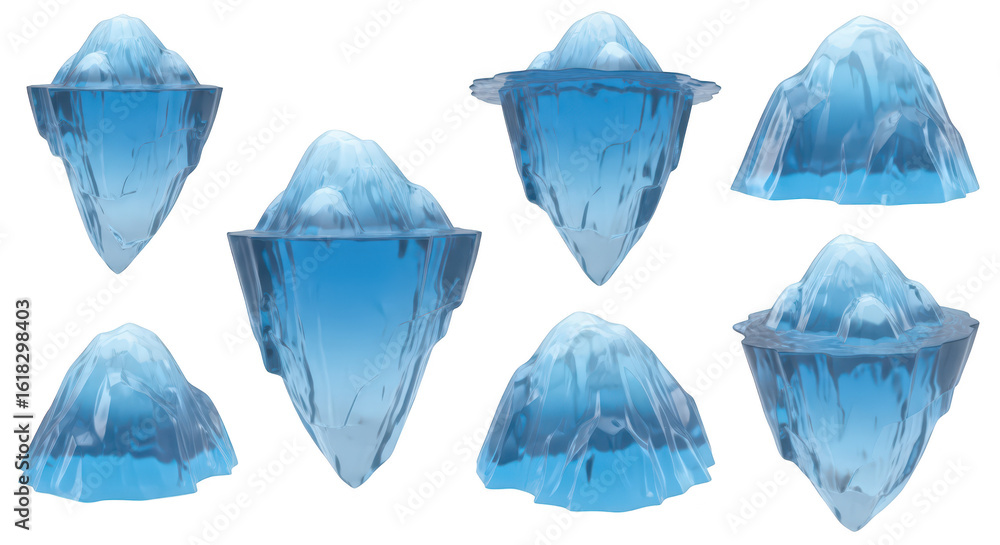 Poster set of stylized icebergs floating in a clear environment with white background used for illustration