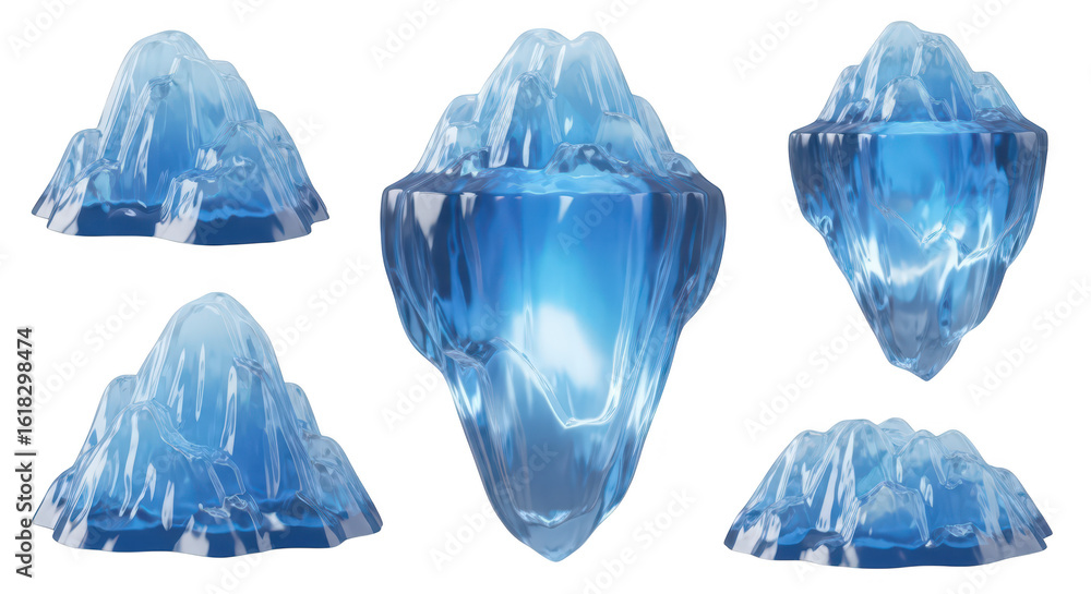 Poster five rendered floating iceberg models against a white background suitable for illustration or concep