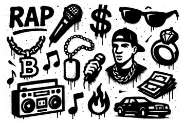 Graffiti icons of rap culture with rappers, boombox, chains, sunglasses, money and music notes in bold street stencil art style, Transparent Background © SenorPinky