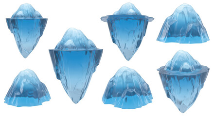Fototapeta premium Set of stylized icebergs floating in a clear environment with white background used for illustrations and design projects