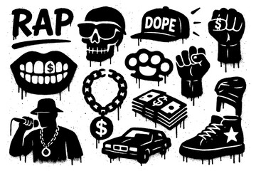 Graffiti icons of rap culture with rappers, boombox, chains, sunglasses, money and music notes in bold street stencil art style, Transparent Background