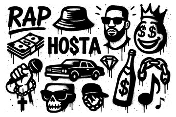 Graffiti icons of rap culture with rappers, boombox, chains, sunglasses, money and music notes in bold street stencil art style, Transparent Background