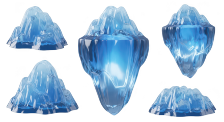 Five rendered floating iceberg models against a white background suitable for illustration or conceptual designs involving cold environments