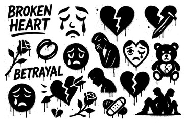 Graffiti icons of heartbreak and betrayal with crying faces, broken hearts, roses and emotional silhouettes in bold stencil street art style, Transparent Background
