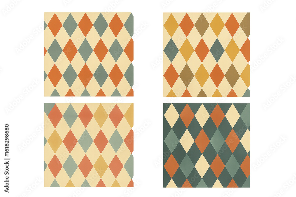 Poster four retro seamless diamond harlequin patterns with a transparent background are displayed, showcasi