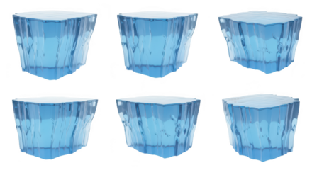 Six blue ice cubes displayed against a white background used for food and beverage advertising