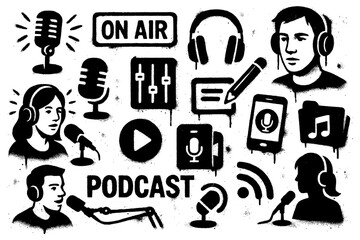 Graffiti icons of podcast and audio streaming with microphones, headphones, laptop, and speakers in bold stencil street art style, Transparent Background