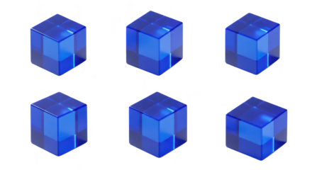 Six blue translucent cubes casting shadows on a white surface arranged in a 3D pattern likely for abstract design or mathematical illustration