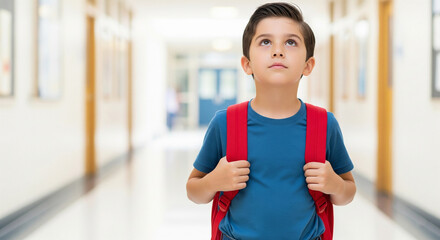 Thoughtful little student looking up while in a bright school corridor. Representing childhood wonder, thinking, learning, or back-to-school anxiety