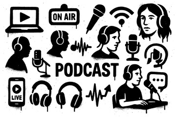 Graffiti icons of podcast and audio streaming with microphones, headphones, laptop, and speakers in bold stencil street art style, Transparent Background