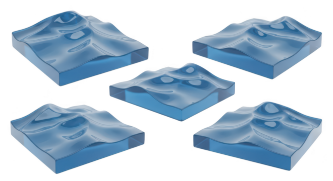 Five transparent stylized ocean wave model blocks on a white background illustrating water movement concepts for educational use