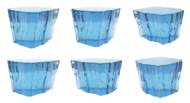 Six blue ice cubes displayed against a white background used for food and beverage advertising