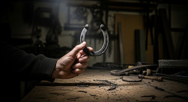 Gripped firmly in hand, the horseshoe emerges as a symbol of luck against the workshop's stark backdrop. - Powered by Adobe