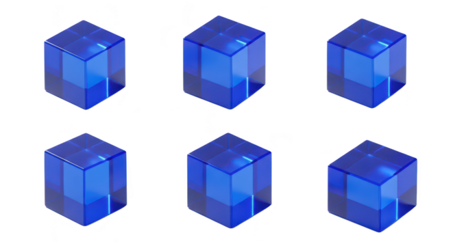 Six blue translucent cubes casting shadows on a white surface arranged in a 3D pattern likely for abstract design or mathematical illustration
