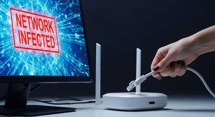 A person's hand disconnects a network cable from a router in response to a 'Network Infected' warning on a computer monitor, illustrating a cybersecurity threat.
