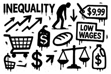 Graffiti icons of social inequality, cost of living, money bags, taxes, and low wages in bold stencil street art style, Transparent Background
