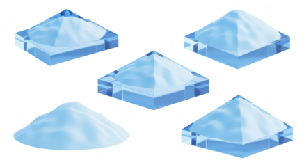Five stylized icy mountain illustrations of blue snow depicting different levels and shapes arranged on a clean white background usable for design elements