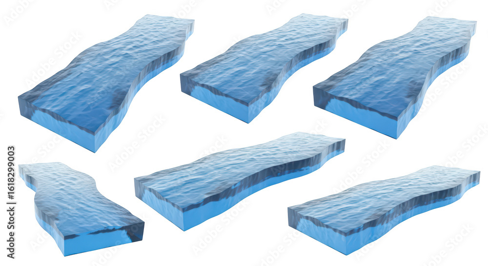 Poster 3d rendered isolated water sections on white background illustrating water flow movement or abstract