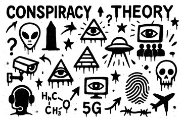 Conspiracy theory graffiti icons with aliens, pyramids, all-seeing eye, UFOs, and mysterious symbols in stencil street art style, Transparent Background