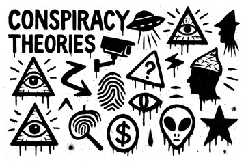 Fototapeta premium Conspiracy theory graffiti icons with aliens, pyramids, all-seeing eye, UFOs, and mysterious symbols in stencil street art style, Transparent Background