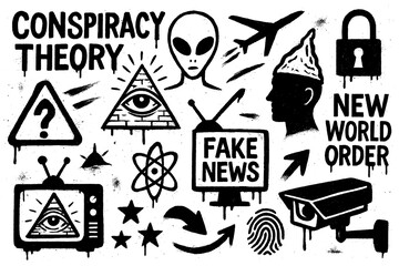 Conspiracy theory graffiti icons with aliens, pyramids, all-seeing eye, UFOs, and mysterious symbols in stencil street art style, Transparent Background