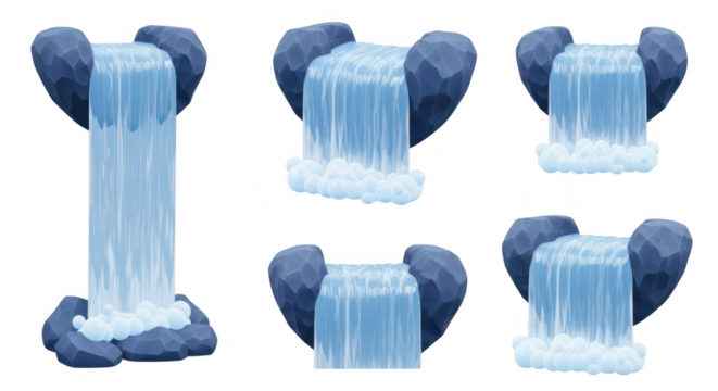 Stylized waterfalls cascading down surrounded by rocks isolated on white for design elements and illustrations