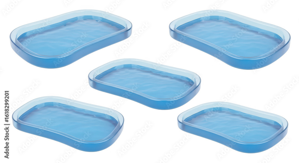 Poster five translucent water-filled trays arranged isolated on white creating a pattern suitable for desig