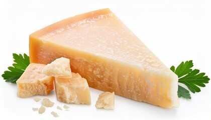 a wedge of parmesan cheese with crumbled pieces isolated on white background transparent