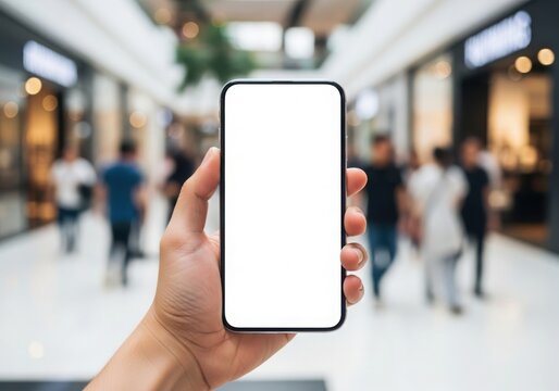 Hand holding a smartphone with a blank screen in a shopping mall