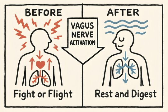 Illustration of vagus nerve activation transitioning from stress to calm.