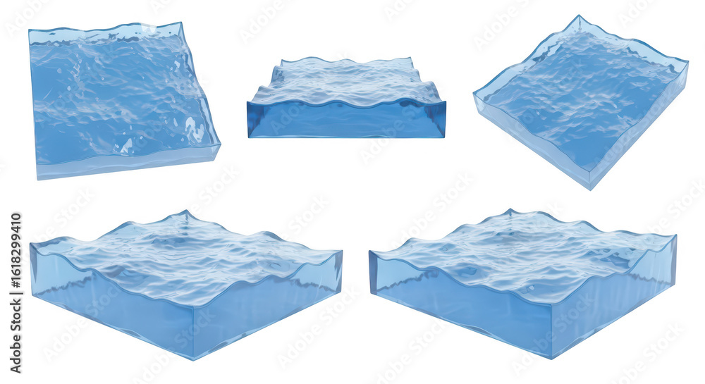 Fototapete 3d renders of transparent blue water blocks with various wave patterns against a white background fo
