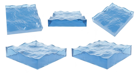 3D renders of transparent blue water blocks with various wave patterns against a white background for use in graphics or visual effects