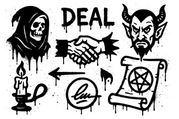 Grunge style handshake, contracts, quill pen and abstract symbols in graffiti texture, Transparent Background