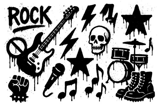 Rock music icons with guitars, drums, skulls, stars and lightning in graffiti stencil style, Transparent Background