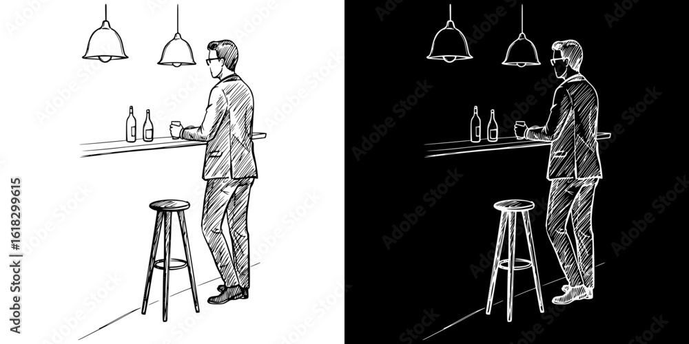 Poster man standing at bar with bottles, pencil drawing, isolated vector image, two design variants on tran