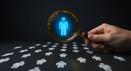 Recruitment and Human Resources Concept: Magnifying Glass Focusing on Candidate
