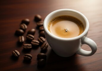 Aromatic espresso cup with scattered coffee beans on a wooden surface