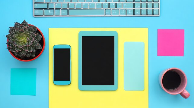 Modern workspace flat lay vibrant colors