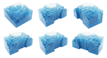 3D rendered blue crystal icebergs in various perspectives White background Concept illustration showcasing formations and textures Possible use Sci-fi design art or educational material