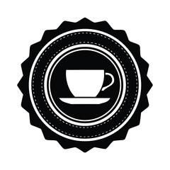 Vector art of coffee cup and saucer in a circular badge, isolated