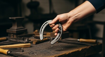 Gripped firmly in hand, the horseshoe emerges as a symbol of luck against the workshop's stark backdrop.