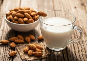 Healthy almond milk and fresh almonds on a wooden table