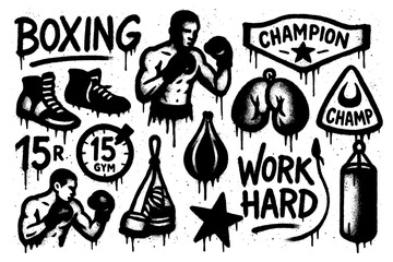 Boxing elements with gloves, fighter, trophies, punching bag, and graffiti stencil style, Transparent Background