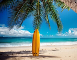 surfboard on paradise beach under palm tree tropics vacation