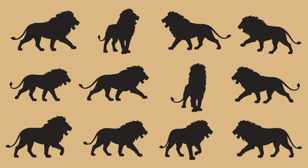 Obraz premium A pattern of twelve lion silhouettes in various poses against a tan colored background illustration