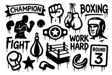 Boxing elements with gloves, fighter, trophies, punching bag, and graffiti stencil style, Transparent Background