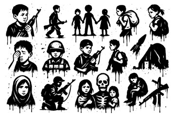 Save the children icons with crying kids, weapons, soldiers, bombs, and graffiti stencil style, Transparent Background