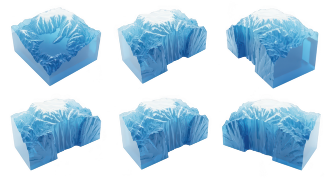 3D rendered blue crystal icebergs in various perspectives White background Concept illustration showcasing formations and textures Possible use Sci-fi design art or educational material