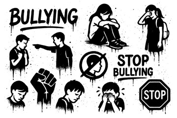 Anti bullying icons with sad faces, stop signs, silhouettes, and graffiti stencil style, Transparent Background