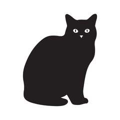Black cat silhouette sitting isolated on white background